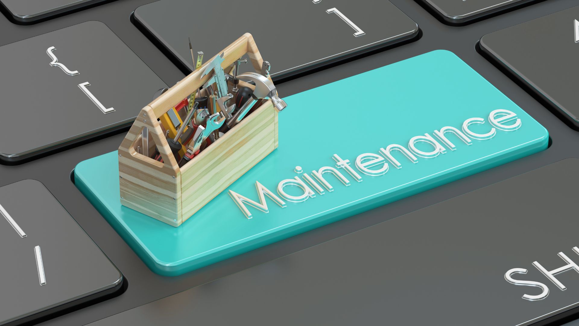 Wooden toolbox with tools sits on a turquoise 'Maintenance' key on a keyboard, symbolizing computer maintenance.