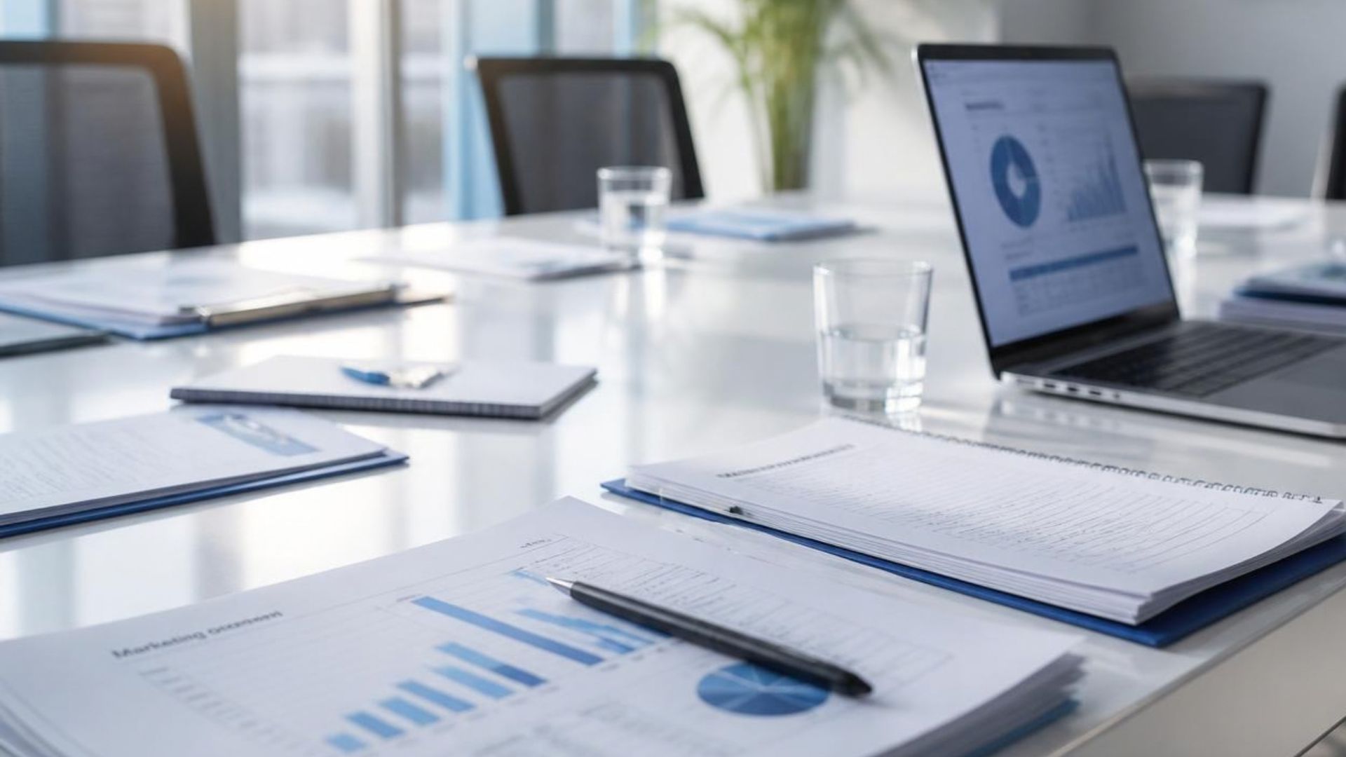 Aged care board members reviewing reports around a boardroom table